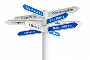 Political parties on a crossroads sign featuring Democrat and Republican